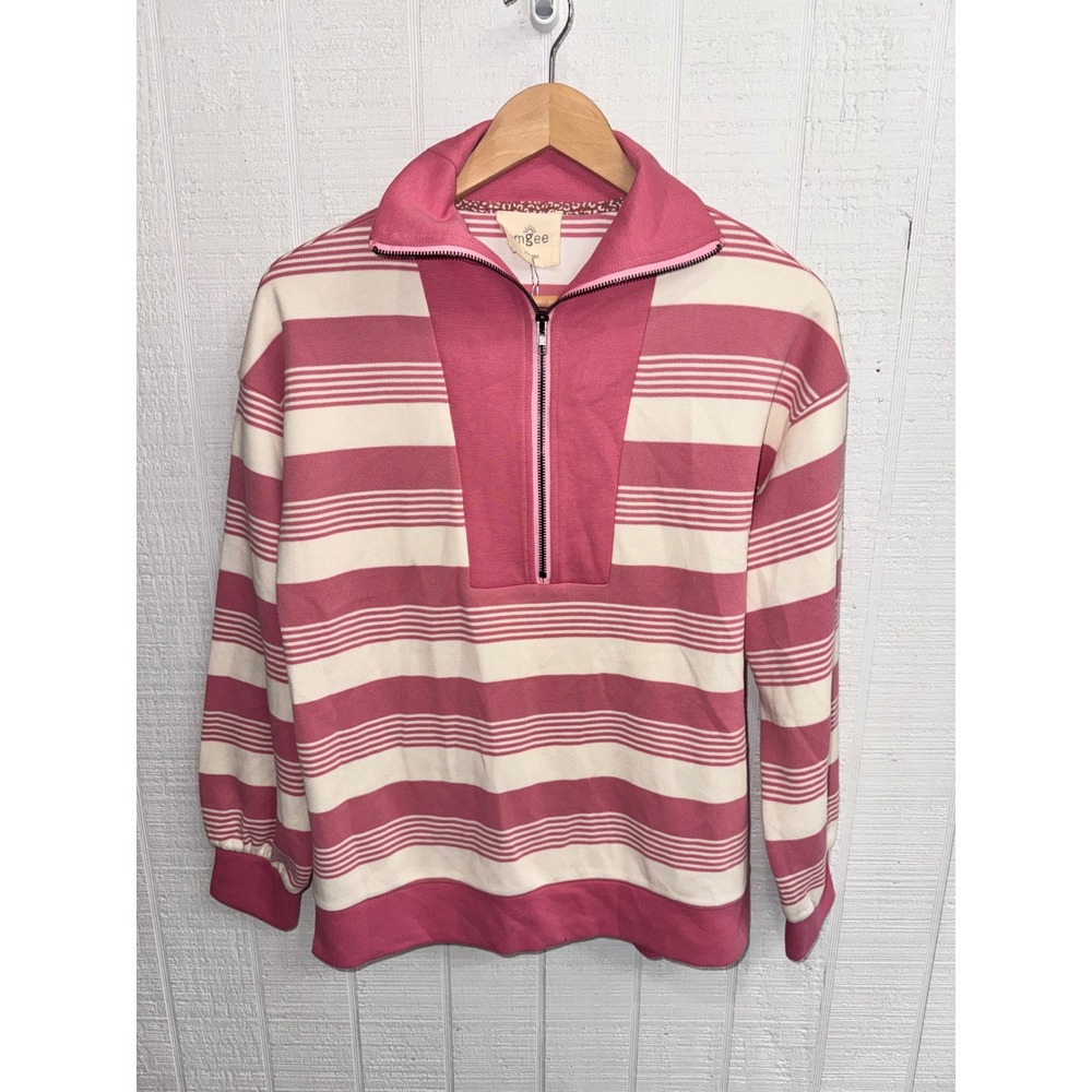 Umgee Pullover Women Pink Cream Striped Quarter Zip Textured Knit S